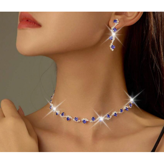 Blue komplet šperků - náhrdelník a náušnice zdobené modrými a čirými zirkony KZ08