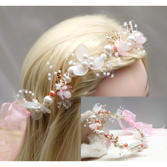 Květinový věneček do vlasů s růžovou stuhou C123