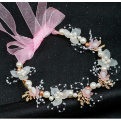 Květinový věneček do vlasů s růžovou stuhou C123