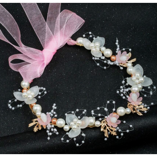 Květinový věneček do vlasů s růžovou stuhou C123