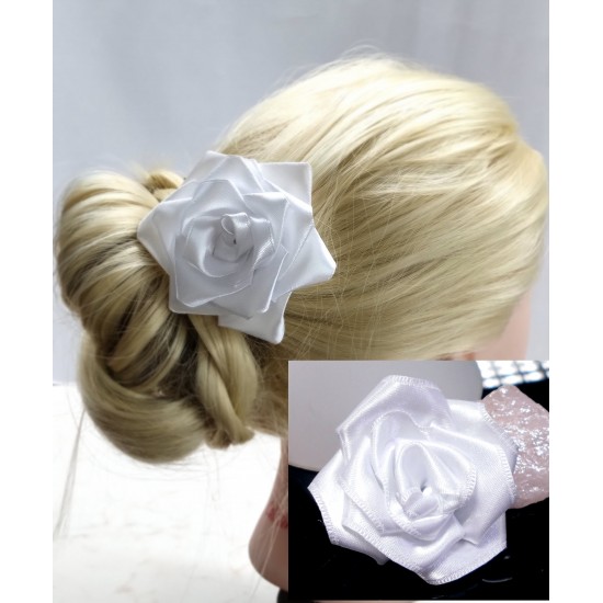 Brož 3v1 bílá saténová růžička BR003