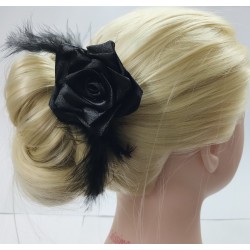Brož 3v1 do vlasů růže saténová černá s pírky střední BR005