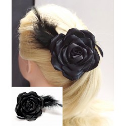 Brož 3v1 do vlasů černá saténová růžička s pírky velká BR008a