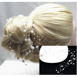 Aplikace do vlasů svatební dlouhá se sněhově bílými perličkami AP11D
