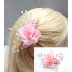 Hřebínek Alia svatební s růžovými květy a perličkami BH39