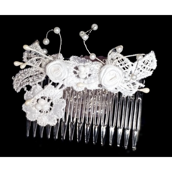 Hřebínek do vlasů bílý krajkový s perličkami  BH14d