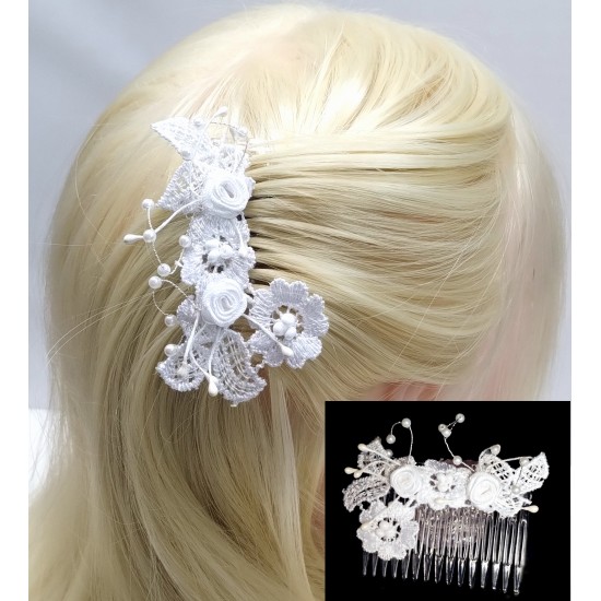 Hřebínek do vlasů bílý krajkový s perličkami  BH14d