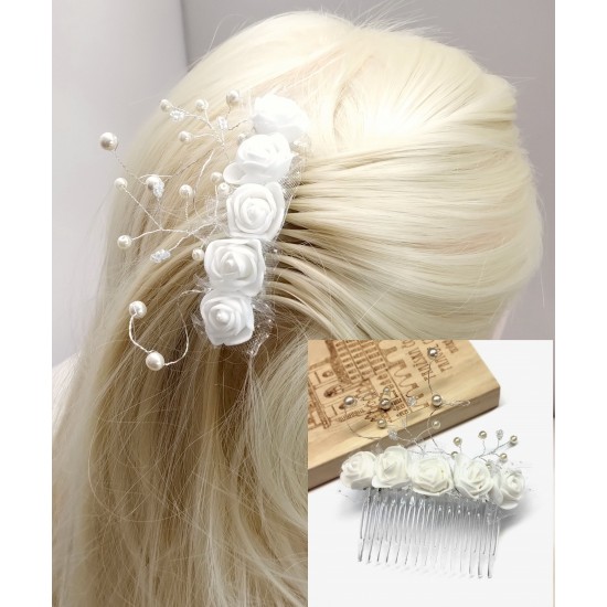 Hřebínek Amelie svatební bílý s většími růžičkami a perličkami BH25