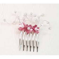 Hřebínek Altea svatební tmavě růžové kvítky s perličkami BH29E