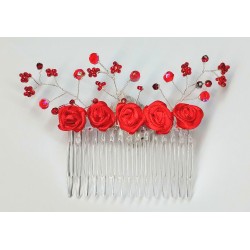 Hřebínek Atara svatební s červenými růžičkami a krystaly BH31