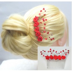 Hřebínek Atara svatební s červenými růžičkami a krystaly BH31