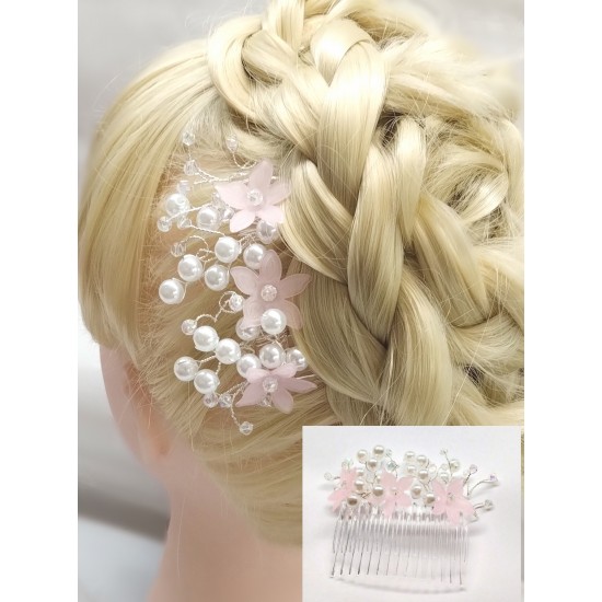 Hřebínek do vlasů Ariana svatební s růžovými kvítky a perličkami BH26