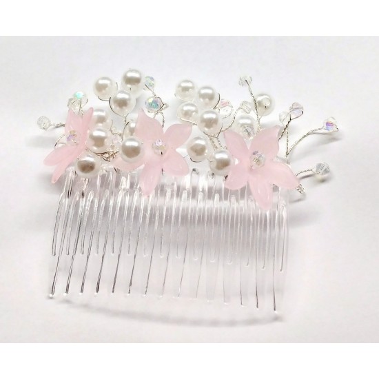 Hřebínek do vlasů Ariana svatební s růžovými kvítky a perličkami BH26